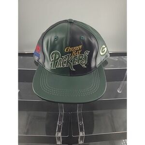 VTG Green Bay Packers Snapback Hat Genuine Leather USA Nfl Branded Pinwheel Rare